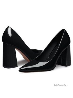 Women's Chunky High Heels Closed Toe Dress Pumps PU Leather